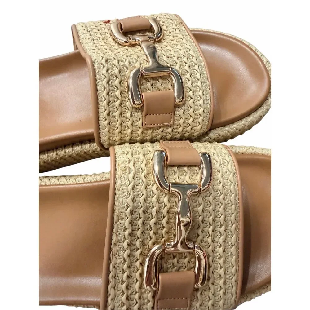 Coutgo Womens Platform Sandals Raffia Espadrilles Slip-on Open Toe Slides 9.5 - Picture 3 of 8